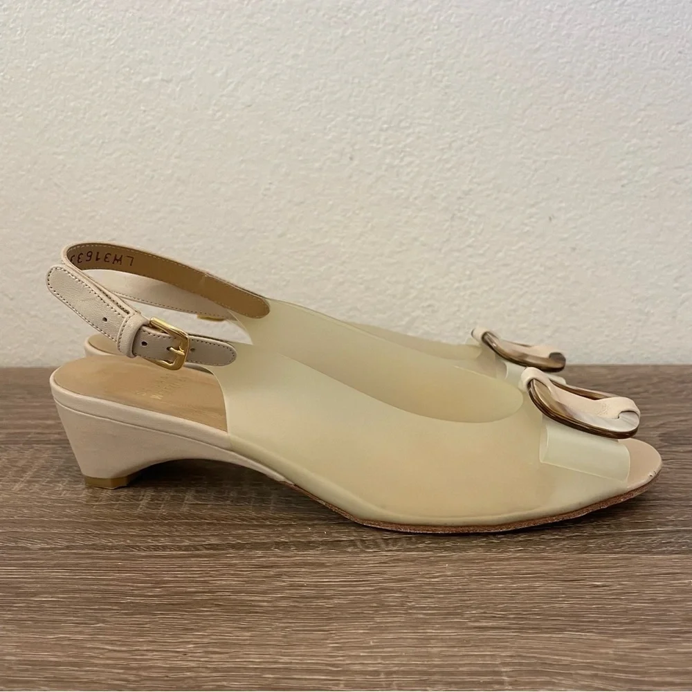 Stuart Weitzman Vintage Translucent Peep Toe Bow Slingback Sandals, Size 6.5N